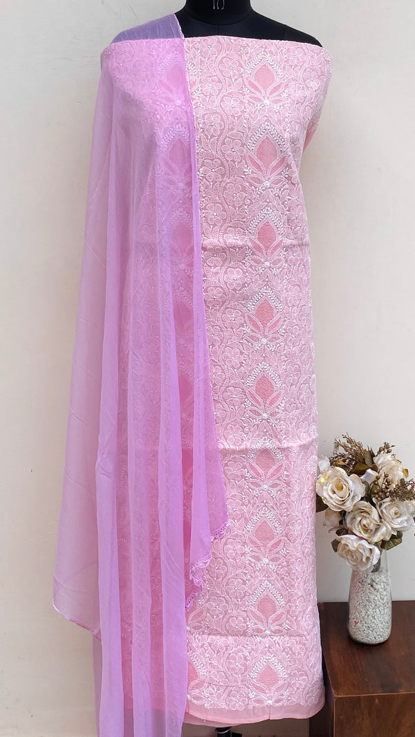 Lucknowi Chikankari Suit Length 3 Piece Pink Cotton With Jaali Work With