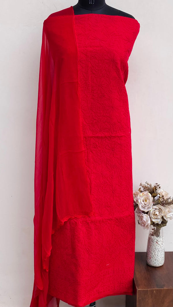 Lucknowi Chikankari Suit Length 3 Piece Red Cotton