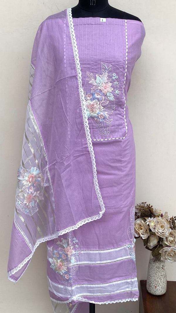 Designer Embroidered Suit Length 3 Piece Purple Kota With Pearl & Sequence Work