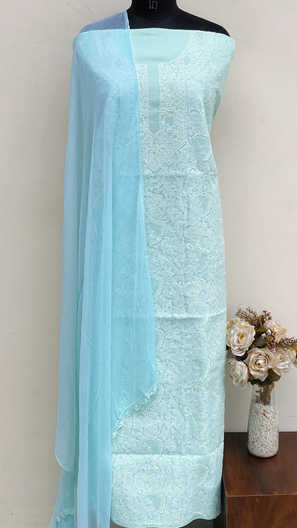 Lucknowi Chikankari Suit Length 3 Piece Sea Green Cotton With Jaali Work