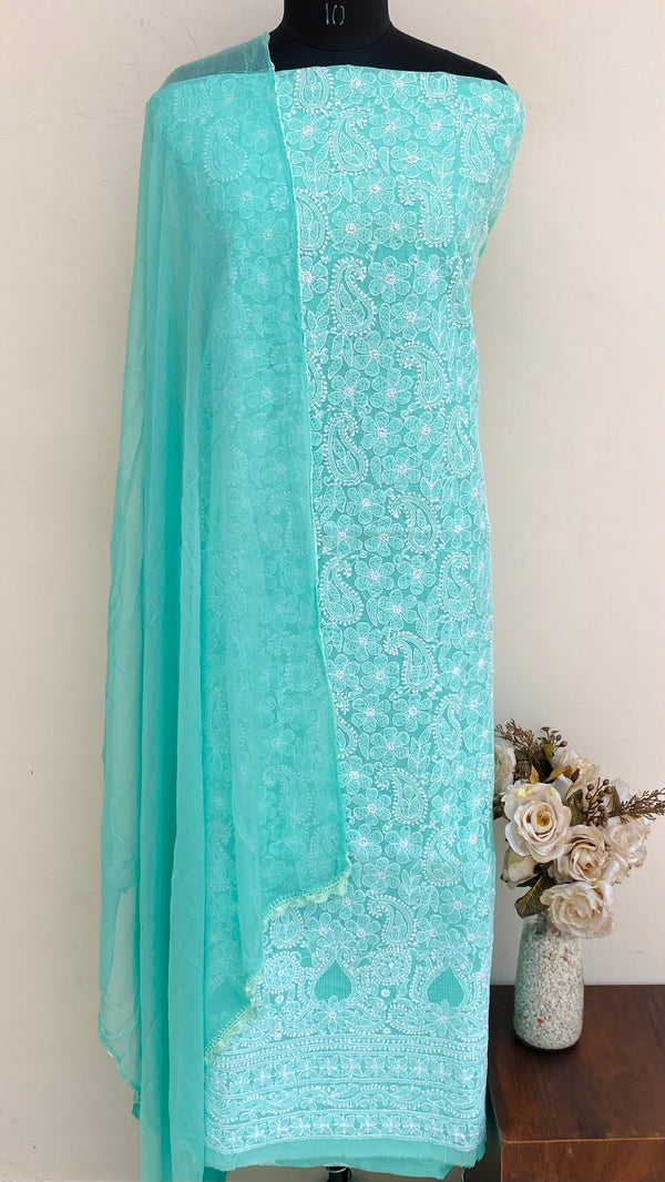 Lucknowi Chikankari Suit Length 3 Piece Sea Green Cotton With Jaali Work