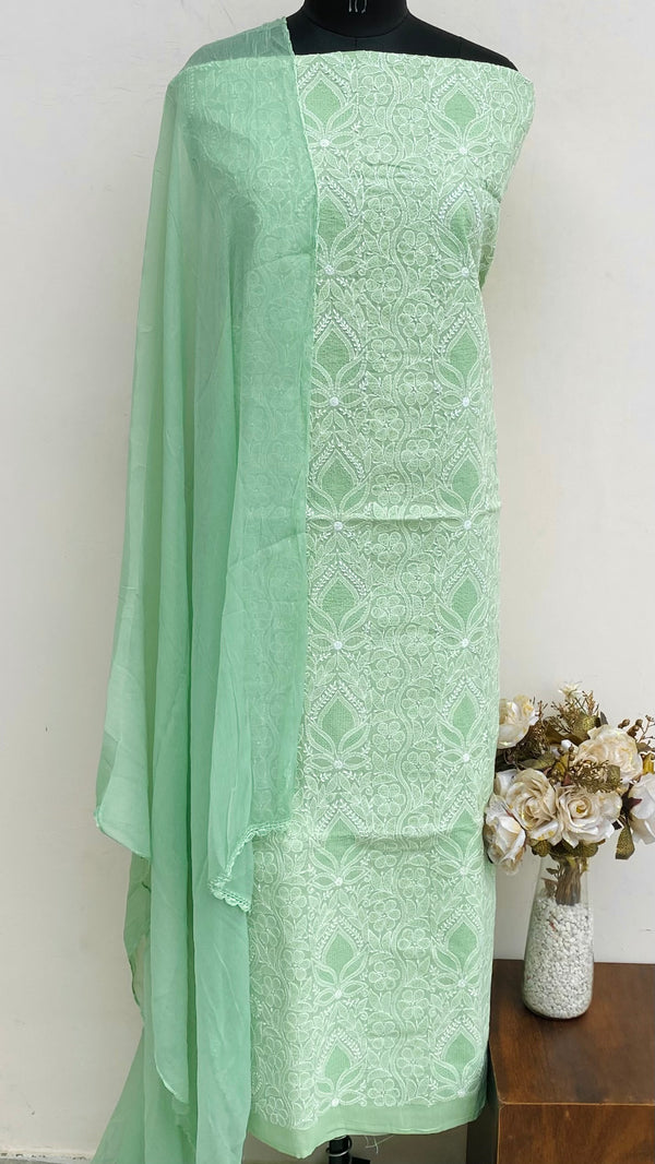 Lucknowi Chikankari Suit Length 3 Piece Teal Green Cotton With Jaali Work