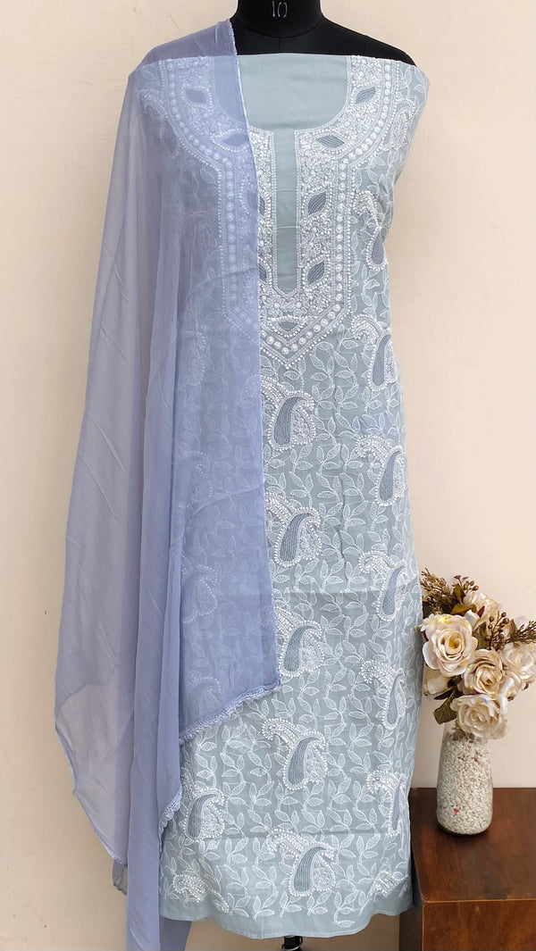 Lucknowi Chikankari Suit Length 3 Piece Gray Cotton With Jaali Work
