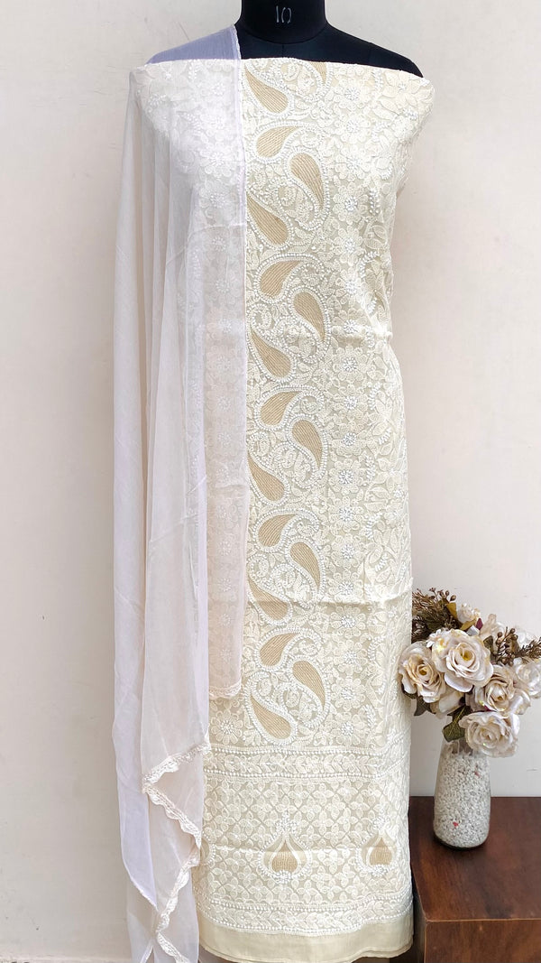 Lucknowi Chikankari Suit Length 3 Piece Beige Cotton With Jaali Work