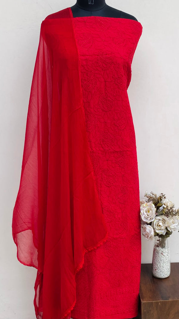 Lucknowi Chikankari Suit Length 3 Piece Red Cotton