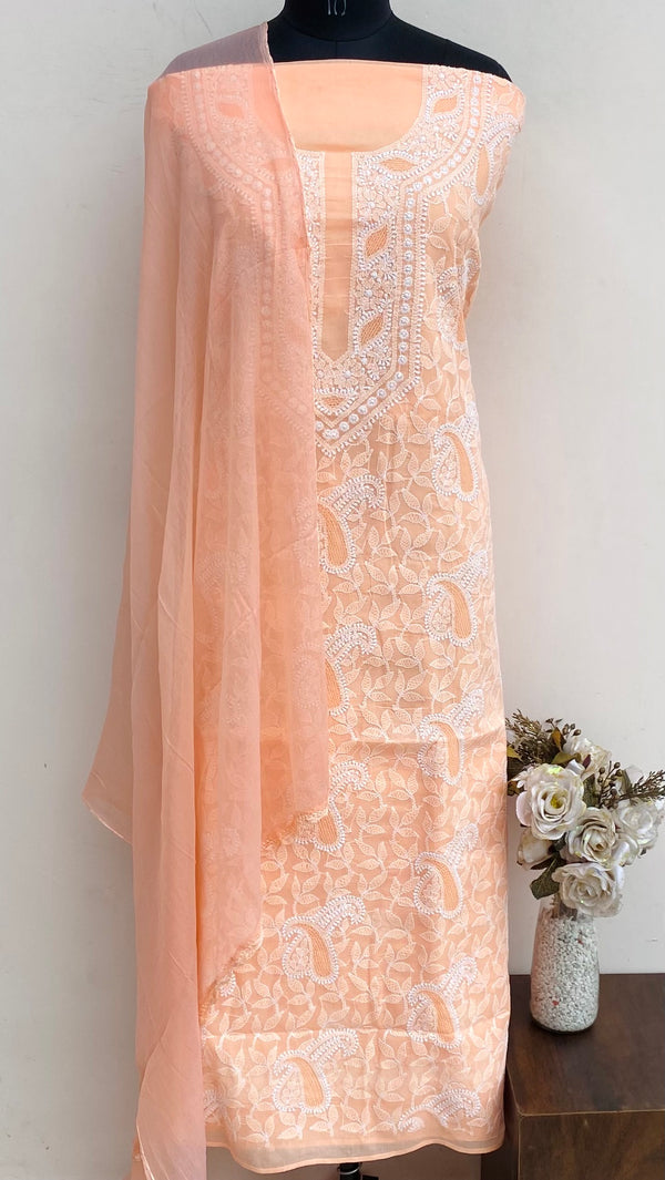Lucknowi Chikankari Suit Length 3 Piece Peach Cotton With Jaali Work