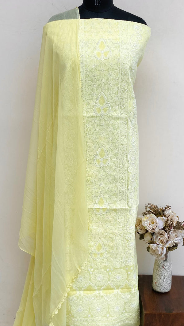 Lucknowi Chikankari Suit Length 3 Piece Lemon Yellow Cotton With Jaali Work