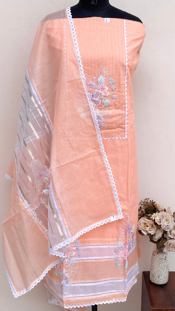 Designer Embroidered Suit Length 3 Piece Peach Kota With Pearl & Sequence Work