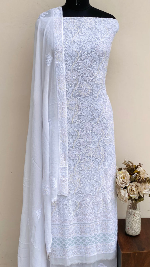 Lucknowi Chikankari Suit Length 2 Piece White Pure Georgette With Cutdana & Sequence Work
