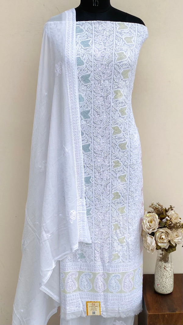 Lucknowi Chikankari Suit Length 2 Piece White Pure Georgette With Pearl & Cutdana Work
