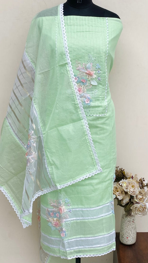 Designer Embroidered Suit Length 3 Piece Green Kota With Pearl & Sequence Work