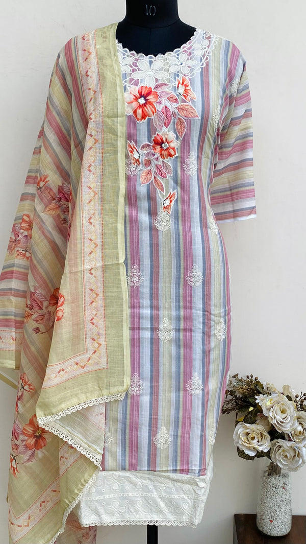 Designer Embroidered Suit Length 3 Piece Multicolour Linen With Mirror Work