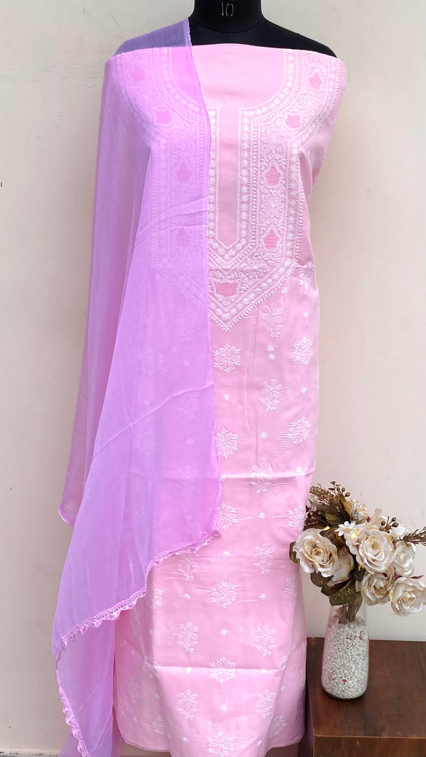 Lucknowi Chikankari Suit Length 3 Piece Pink Cotton With Jaali Work