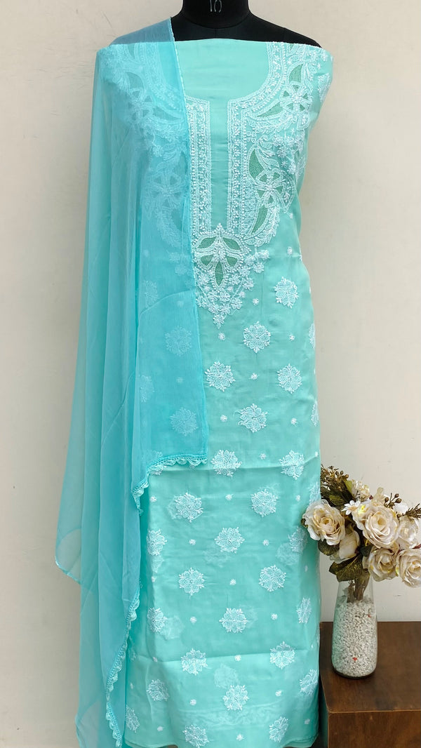 Lucknowi Chikankari Suit Length 3 Piece Sea Green Cotton With Jaali Work