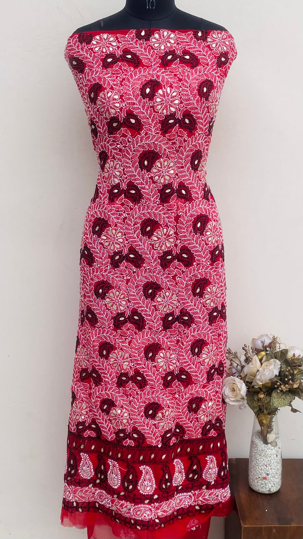 Lucknowi Chikankari Kurta Length Red Georgette With Gotta Patti Work