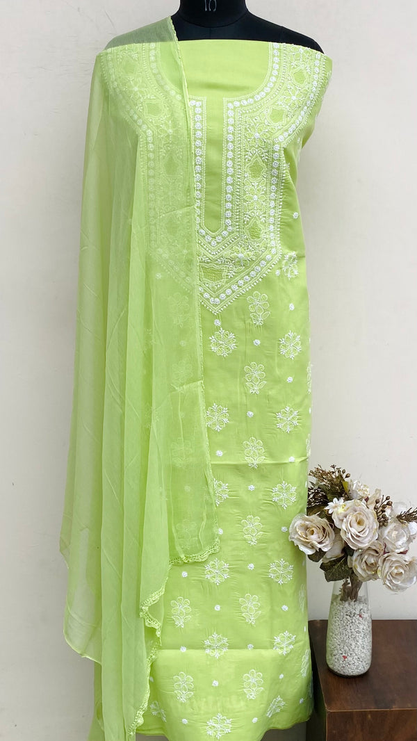 Lucknowi Chikankari Suit Length 3 Piece Parrot Green Cotton With Jaali Work