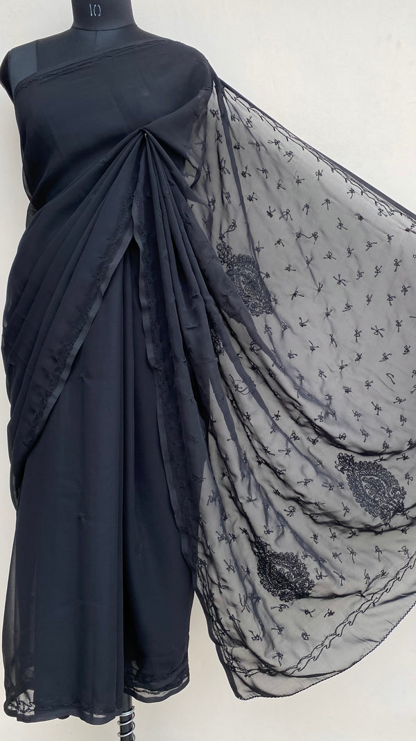 Lucknowi Chikankari Saree Black Georgette