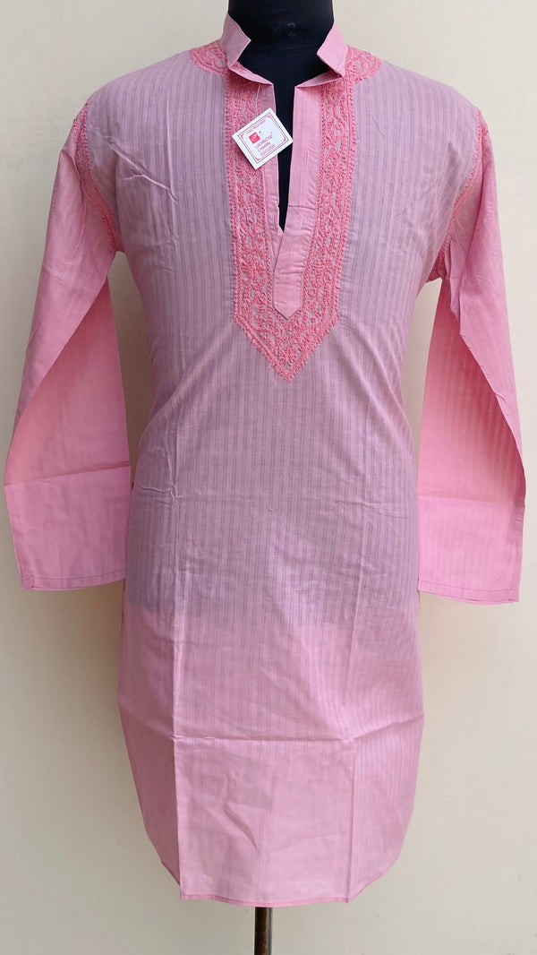 Lucknowi Chikankari Men's Kurta Pink Cotton