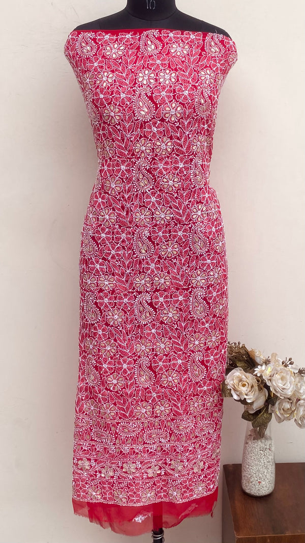 Lucknowi Chikankari Kurta Length Red Georgette With Gotta Patti Work