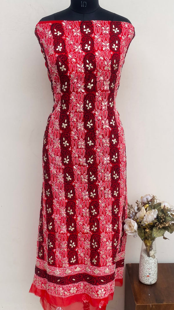 Lucknowi Chikankari Kurta Length Red Georgette With Gotta Patti Work