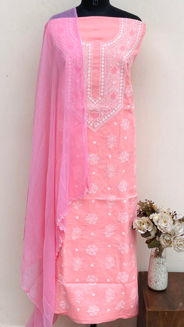 Lucknowi Chikankari Suit Length 3 Piece Pink Cotton With Jaali Work