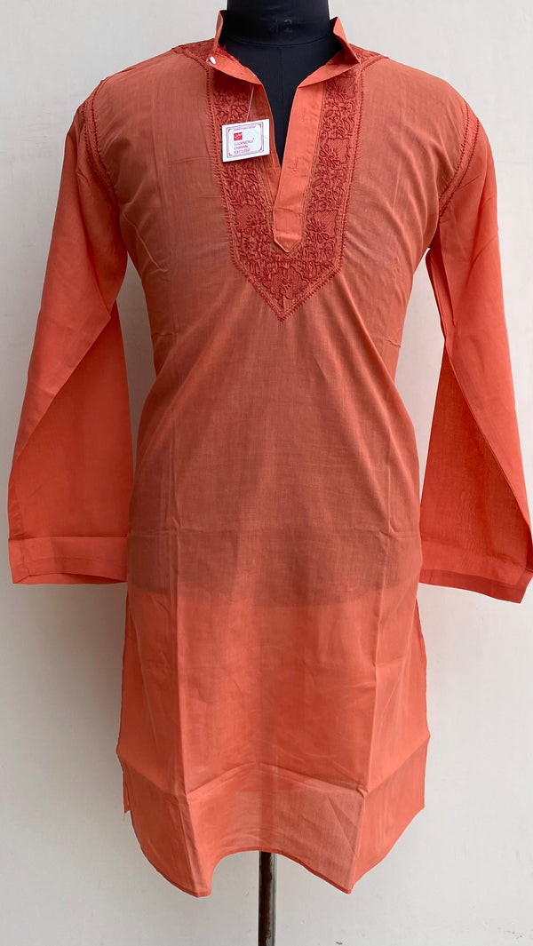 Lucknowi Chikankari Men’s Kurta Rust Cotton With Jaali Work