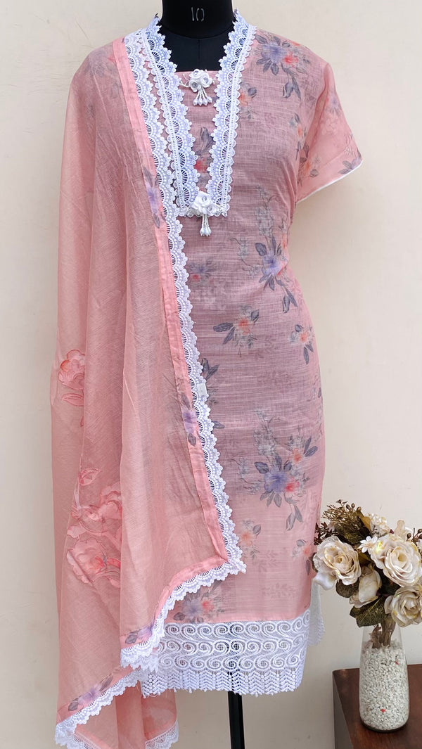 Designer Embroidered Suit Length 3 Piece Pink Linen With Pearl Work