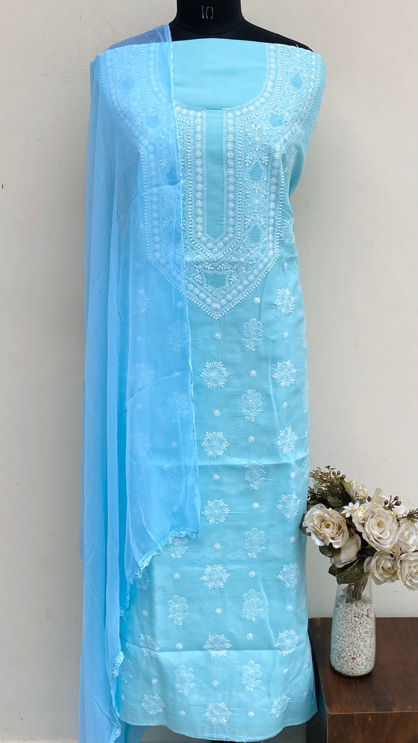 Lucknowi Chikankari Suit Length 3 Piece Blue Cotton With Jaali Work