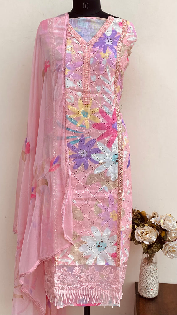 Designer Embroidered Suit Length 3 Piece Pink Linen With Sequence Work