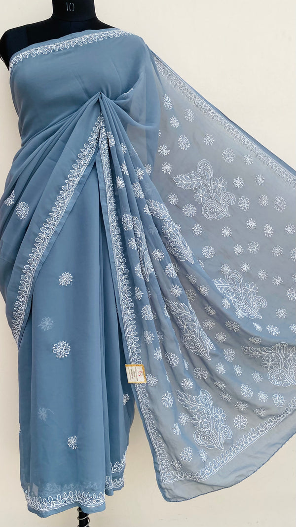 Lucknowi Chikankari Saree Gray Georgette