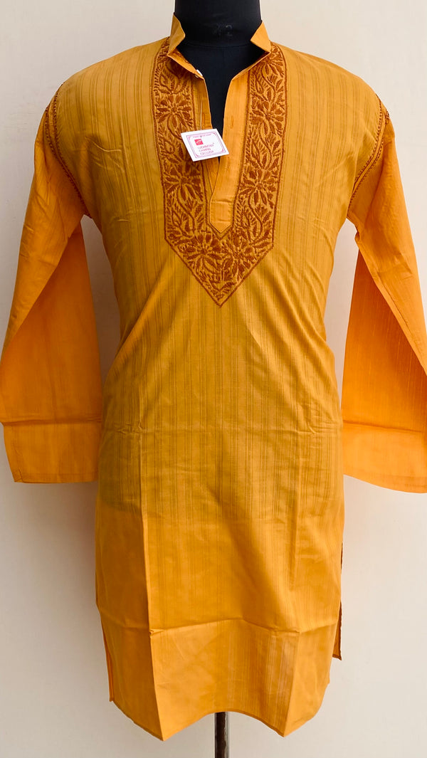 Lucknowi Chikankari Men's Kurta Mustard Cotton