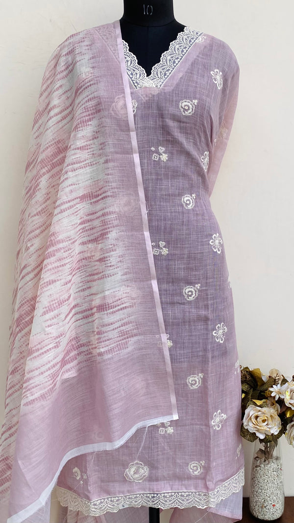 Designer Embroidered Suit Length 3 Piece Onion Pink Linen With Sequence Work