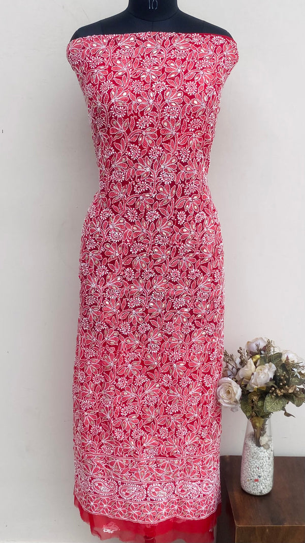 Lucknowi Chikankari Kurta Length Red Georgette With Gotta Patti Work