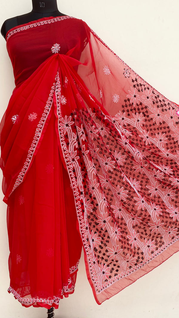 Lucknowi Chikankari Saree Red Georgette
