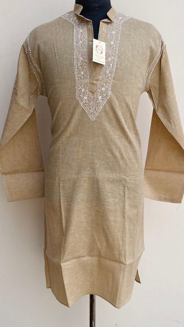 Lucknowi Chikankari Men's Kurta Beige Cotton