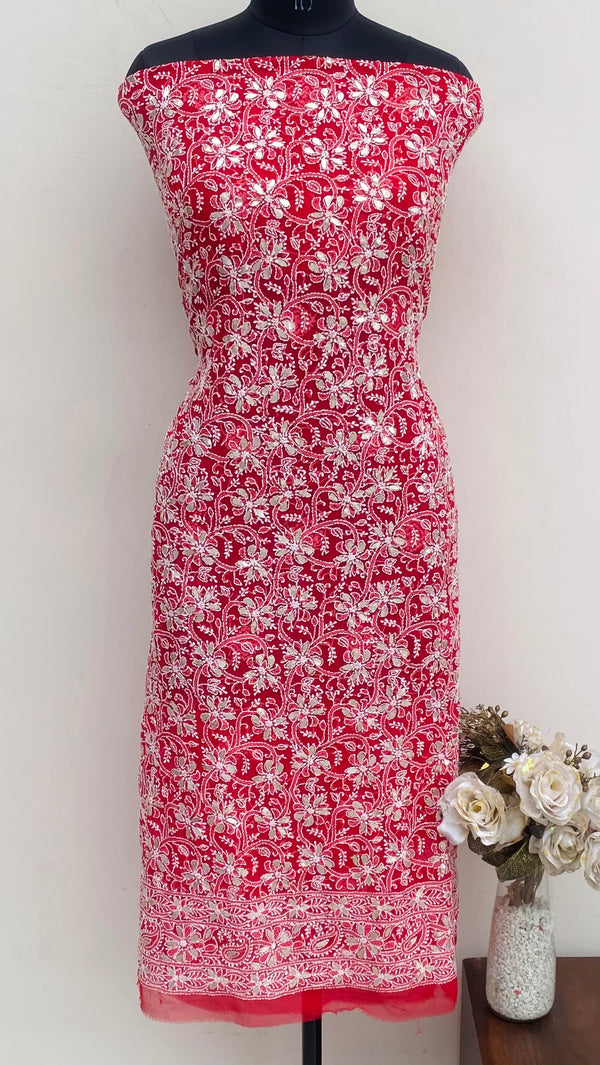 Lucknowi Chikankari Kurta Length Red Georgette With Gotta Patti Work