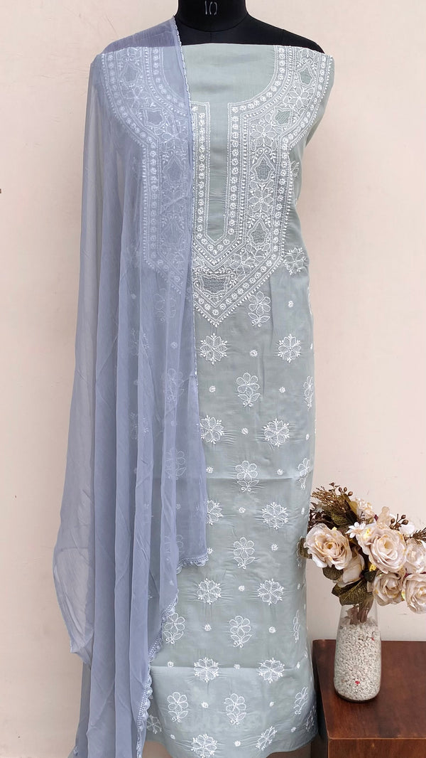 Lucknowi Chikankari Suit Length 3 Piece Gray Cotton With Jaali Work