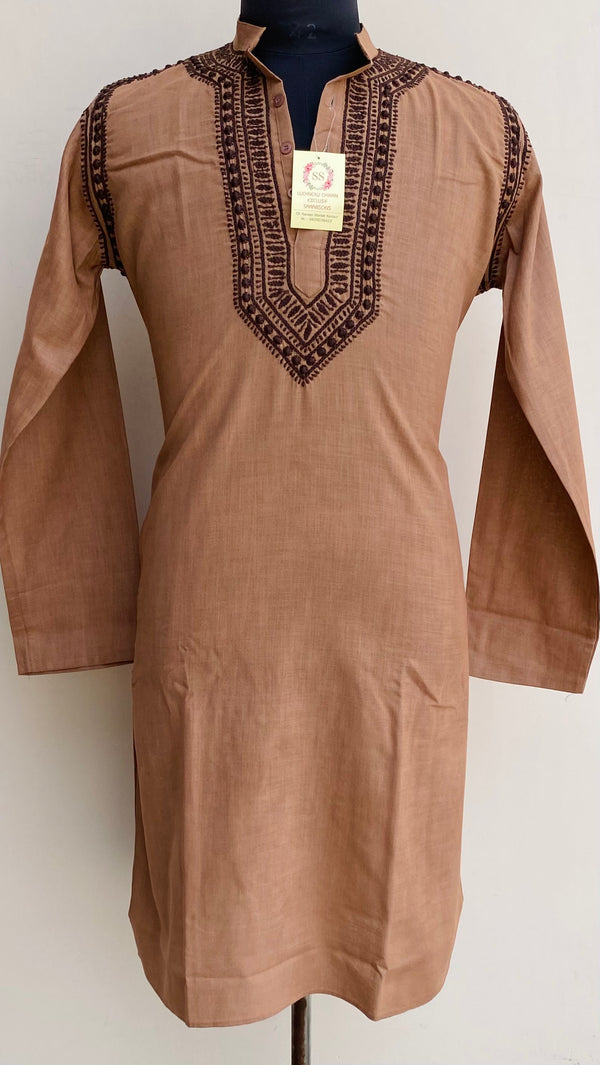 Lucknowi Chikankari Men's Kurta Brown Cotton