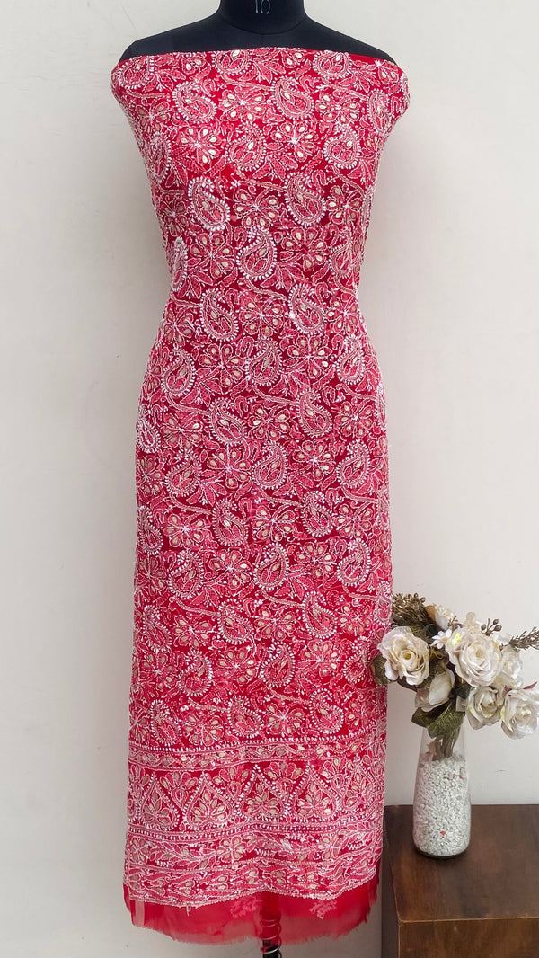 Lucknowi Chikankari Kurta Length Red Georgette With Gotta Patti Work