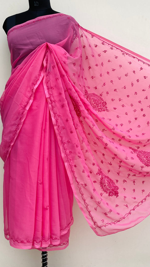 Lucknowi Chikankari Saree Pink Georgette