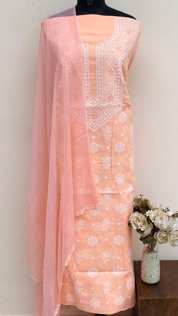 Lucknowi Chikankari Suit Length 3 Piece Peach Cotton With Jaali Work