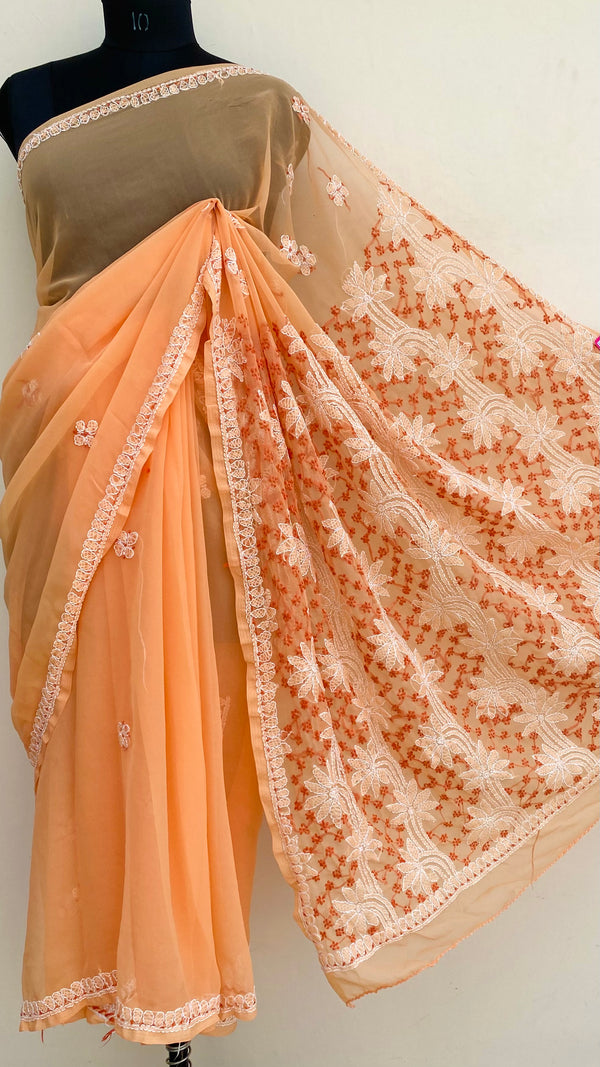 Lucknowi Chikankari Saree Orange Georgette
