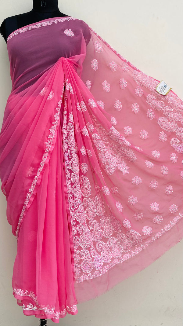Lucknowi Chikankari Saree Pink Georgette