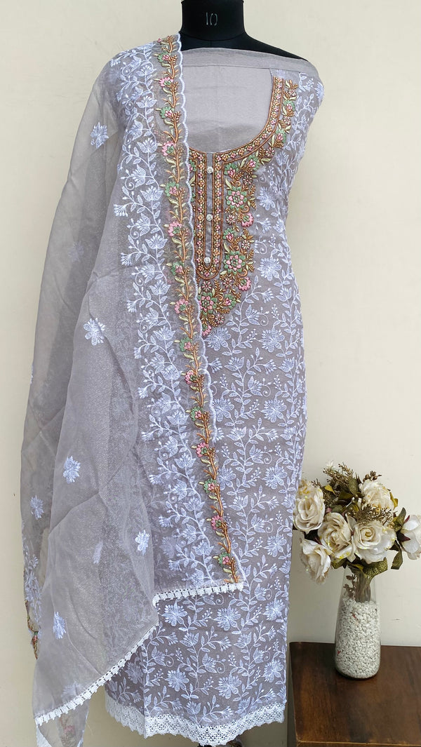 Designer Embroidered Suit Length 3 Piece Gray Kota