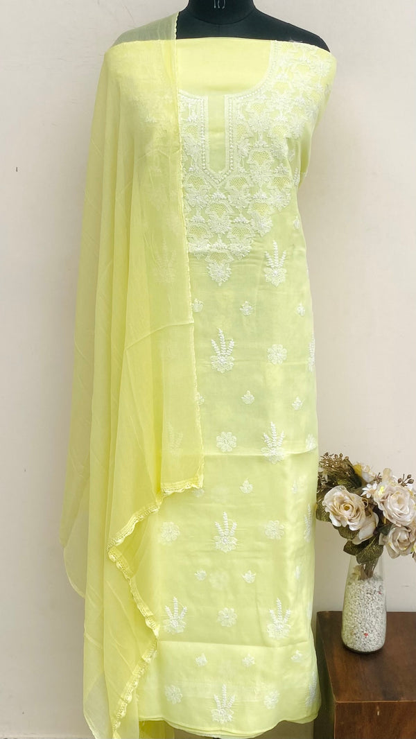 Lucknowi Chikankari Suit Length 3 Piece Lemon Yellow Cotton With Jaali Work