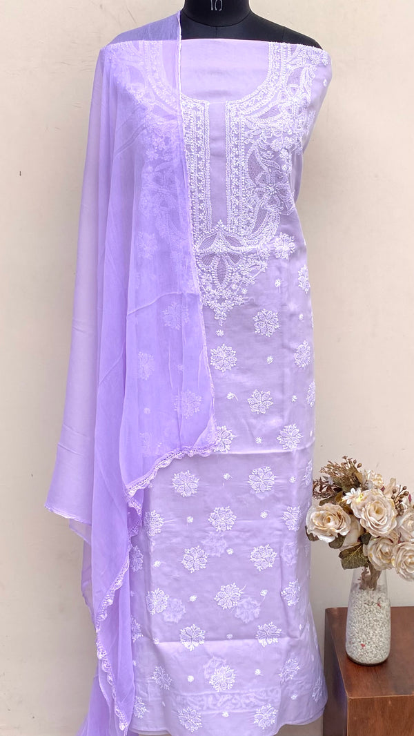 Lucknowi Chikankari Suit length 3 Piece Purple Cotton With Jaali Work