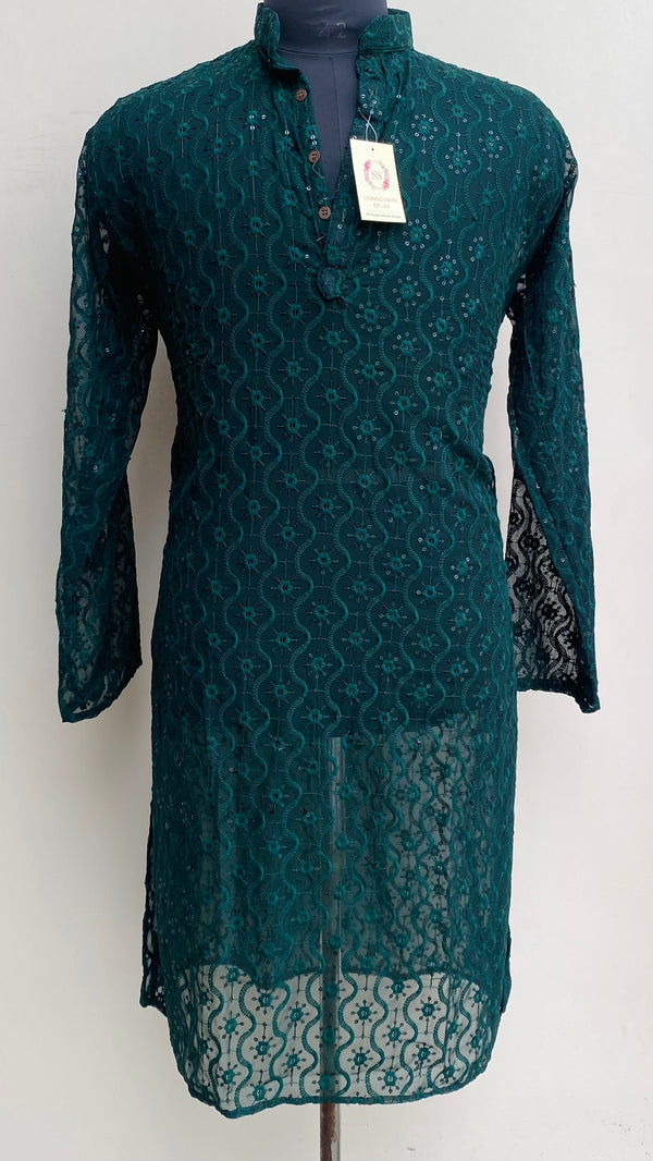 Lucknowi Chikankari Men’s Kurta Bottle Green Georgette