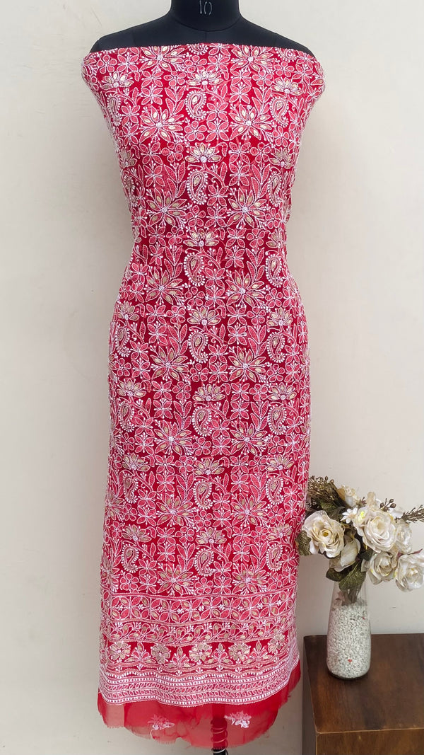 Lucknowi Chikankari Kurta Length Red Georgette With Gotta Patti Work
