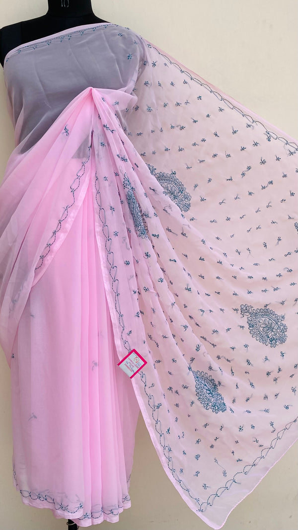 Lucknowi Chikankari Saree Pink Georgette