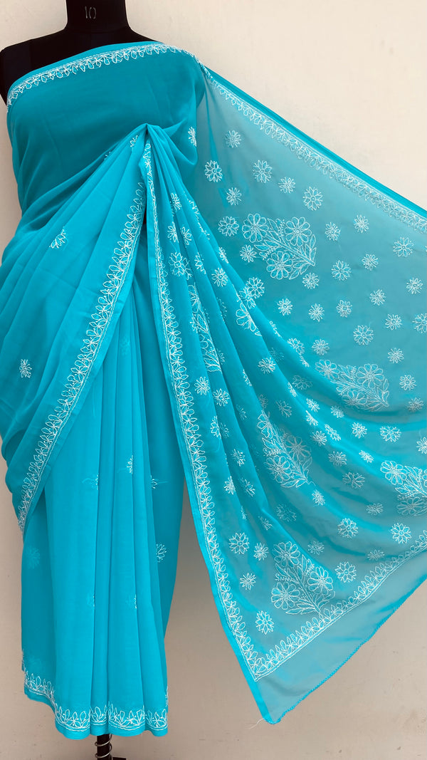 Lucknowi Chikankari Saree Blue Georgette